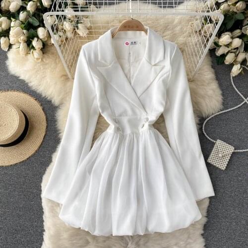 Casual White Black Blazer Dress Women Notched Collar Long Sleeve Elegant Dress 2021 Autumn Korean Patchwork A-line Mini Dresses