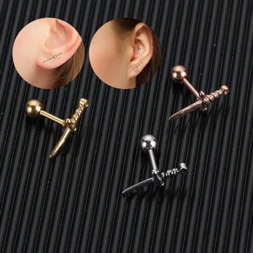 2 Pcs New Trendy Stainless Steel Dagger Ear Studs Unisex Helix Cartilage Earrings Unique Conch Pierced Dangler Fashion Jewelry