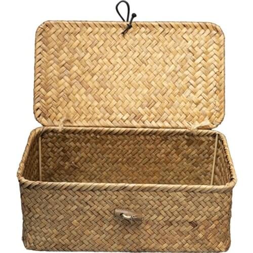 Woven Wicker Storage Bins with Lid - Set of 3 - Rectangular Seagrass Basket/Storage Basket For Shelf Organizer