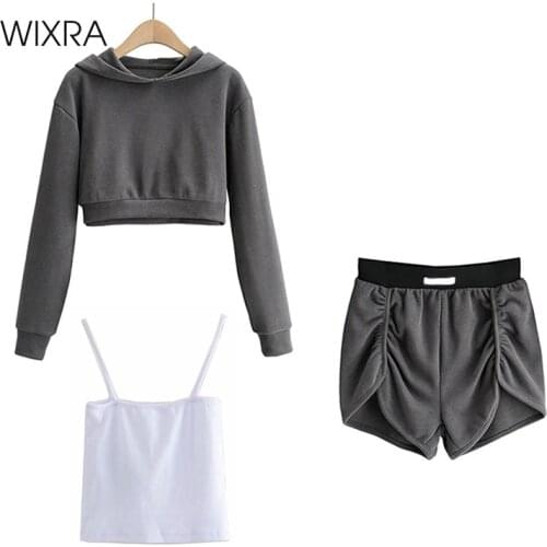 Wixra Womens Casual Cotton Sweatshirts Sets Solid Hoodies + Elastic Waist Pleated Shorts Street Style Spring Summer New Hot