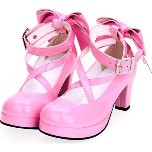 Mid Chunky Heels Lolita Shoes Big Size 33-47 Female Cross Belt Bow Japanese Lolita Anime Cosplay Tea Party Women Princess Shoes