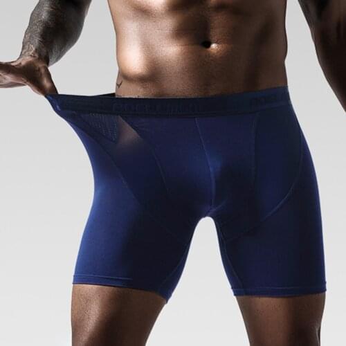 Men Lengthen Boxer Seamless Shorts Bulge Pouch Briefs Underwear Workout Fitness Underwear Purple Black Gray Royal Blue