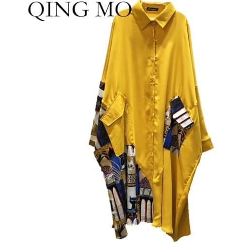 QING MO Black Yellow Women Irregular Shirt 2021 Spring Women Printed Patchwork Shirt Female Batwing Sleeve Blouse ZQY6694