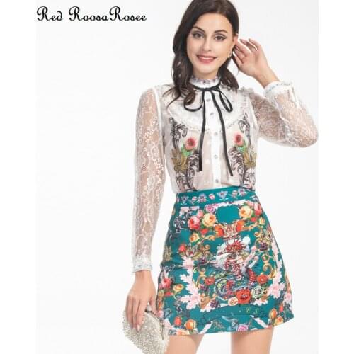 Red RoosaRosee Fashion Summer Women O-neck Collar Floral Print Long Lace Sleeve Blouse + Diamonds Mini Skirt Twinset Suit Female