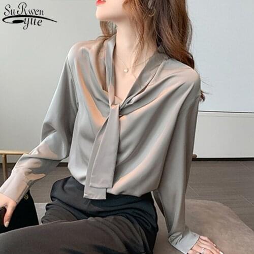2021 Autumn Korean Clothes Loose Women Tops Fashion Bow V Collar Womens Shirt Gray Long Sleeve Chiffon Blouse Office Lady 11545
