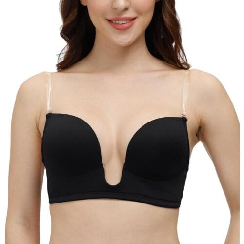 New Deep U Women Bras Sexy Lingerie Wire Bone Thin Low Back Cup Padded 70 75 80 85 90 95 A B C D E