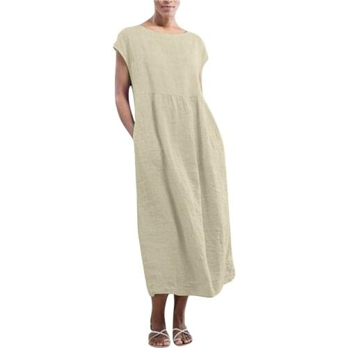 2021 Elegant Linen Midi Dress Womens Summer Sundress Vintage Short Sleeve Tunic Vestido Female O Neck Pleated Robe Femme
