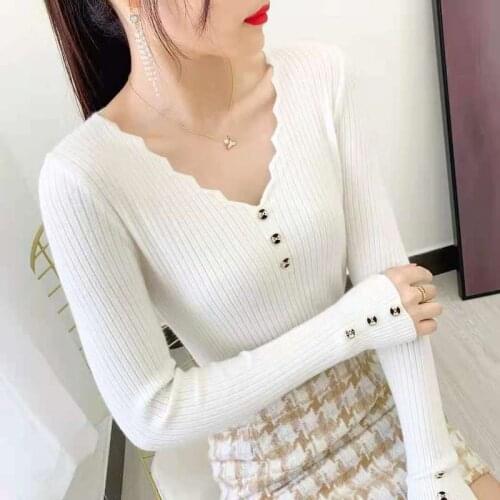 2021 New Autumn and Winter Womens Sweater V-neck Bottom Sweater Sexy Fashion Long-sleeve Knitted Top Slim Pullover Female 15825