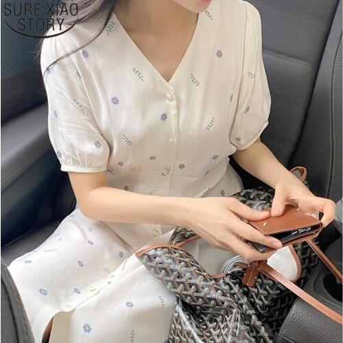 Korean Summer Floral Print Dress Women High Waist Short Sleeve Midi Long Dress Sweet V-neck Casual Single Breasted Dress 14888