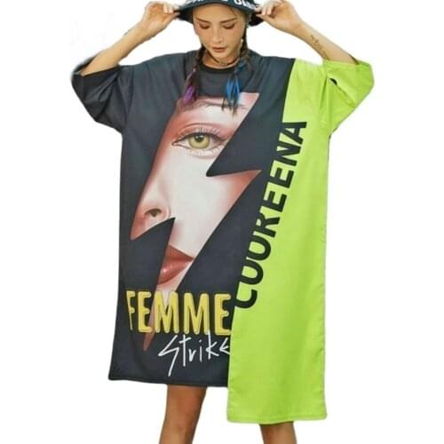 Hip Hop T-shirt Dress Women Harajuku Irregular 3D Print Rock Long Tee Short Sleeve Loose Tops Dance Colour Block Streetwear 2021