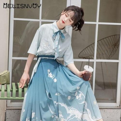 2pc/1set Summer New Forest Fairy Hanfu Womens Bow Tie Lapel Shirt Lace-up Printed Loose Chinese Style Daily Two-piece Suit