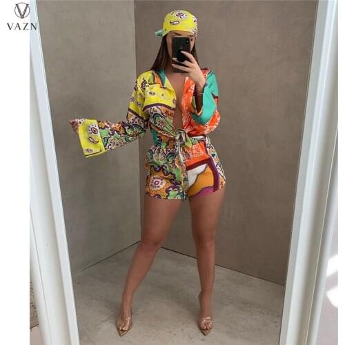 VAZN 2021 Early Autumn Indie Folk Chiffon Full Sleeve Bandage Short Pants Sexy Young High Waist Slim Women 2 Piece Set