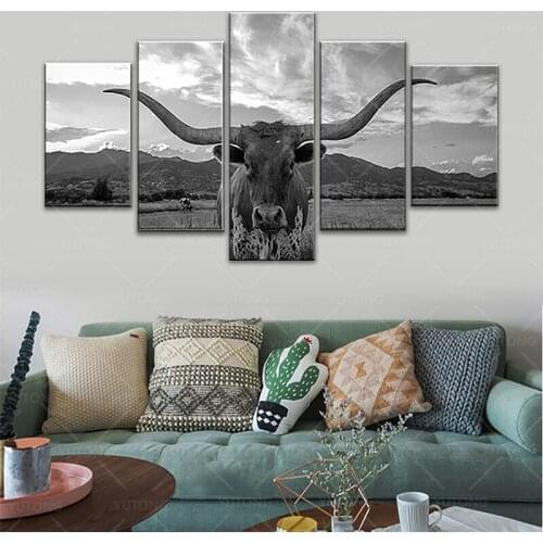5 Panel Highland Cow Canvas black artwork Prints Poster Wall Art Texas Longhorn Paintings Farm Animals Canvas Painting Home Deco