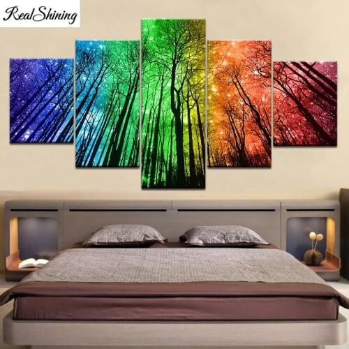 5 Panel diamond painting Colorful Tree Landscape nightscape 5d diy handmade embroidery full square round drill decor art,T187