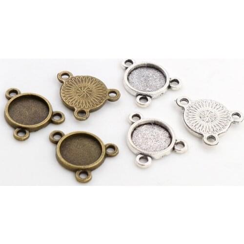 50pcs 8mm and 10 mm Inner Size Antique Bronze And Silver color Three Hanging Style Cabochon Base Cameo Setting Charms Pendant