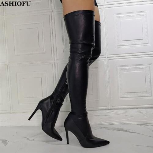 ASHIOFU Handmade Ladies Stiletto Heels Over Knee Boots Sexy Night-club Party Prom Thigh High Boots Real-pics Evening Boots Shoes