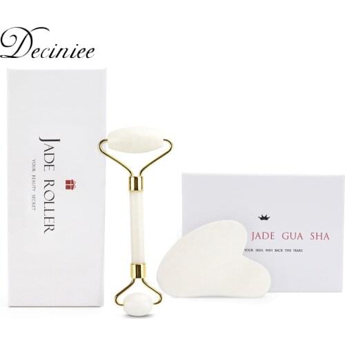 White Face Roller Gua Sha Set Natural Jade Facial Roller Beauty Massage Tool Muscle Relaxing for Face Neck Body Skin With Box