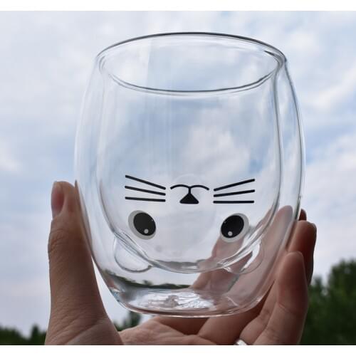 Double Insulated Glass Cup Creative Big Eye Cat Pattern Couple Cup Wine Glass For Whiskey Brandy Wine Vodka Beer Cocktail Rum