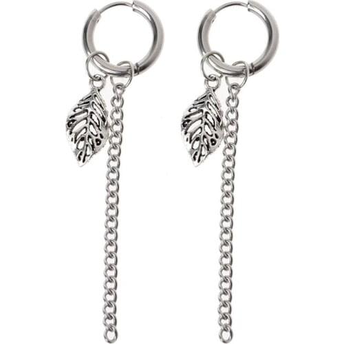 Gothic Stainless Steel Cross Feather Star Leaf Chain Dangle Drop Hoop Earrings E56A