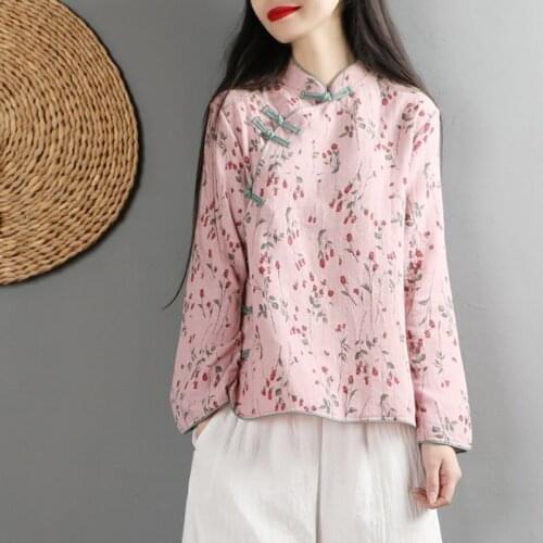 2020 classic chinese women cotton linen blouse long sleeve shirt traditional handmade button flower printing tops tang clothing
