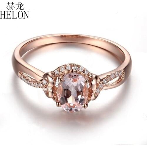 HELON Solid 10K Rose Gold Flawless Oval 7x5mm Natural Morganite Diamond Engagement Wedding Ring For Women Fine Jewelry Best Gift