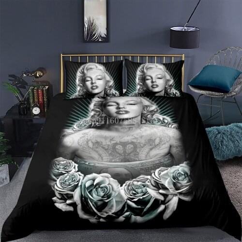 Fashion Sexy 3D Marilyn Monroe Duvet Cover Bedding Sets Queen Size Bedspread No Sheet Bedclothes Pillowcase Black Home Textiles