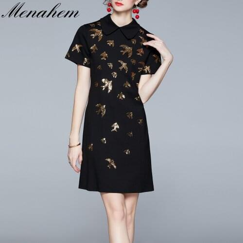 Menahem Vinatge Women Summer Embroidered Sequin Doll Collar Lapel Elegant Zipper High Waist Mini A Line Party Runway Dresses