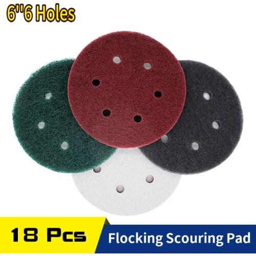 18 PCS 6 Inch 6-Hole 240-800 Grit Multi-purpose Flocking Scouring Pad Industrial Heavy Duty Nylon Cloth for Polishing & Grinding