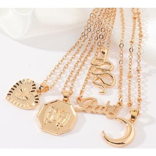 Fashion Jewelry Metal Single Layer Necklace 2021 Girls Simple Moon Love Baby Letter Snake Butterfly Pendant Necklaces For Womens