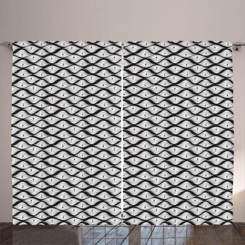 Doodle Waves Curtains Monochrome Sketch Ovals Modern Satin Fabric Drapes for Living Room Bedroom 2 Panel Window Set