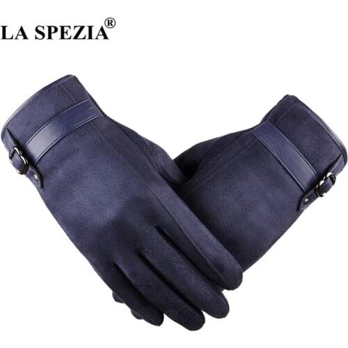 LA SPEZIA Mens Suede Gloves Touch Screen Male Navy Blue Velvet Gloves Thermal Solid Patchwork Leather Autumn Winter Mittens Men