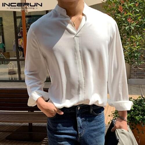 INCERUN 2021 New Japan Korea Style Handsome Mens Camisa Loose Stand-up Collar Solid Comfortable Color Long-sleeved Shirt S-3XL