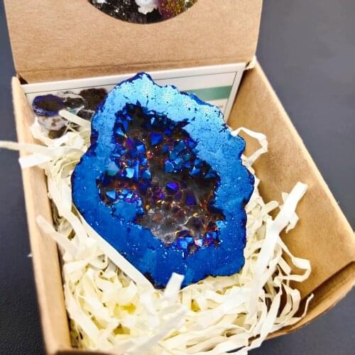 1pcs Natural Angel Aura Agate Geode Crystal Hole Mineral Specimen Contains Clean Clusters Electro Plating Titanium Coating 1pcs