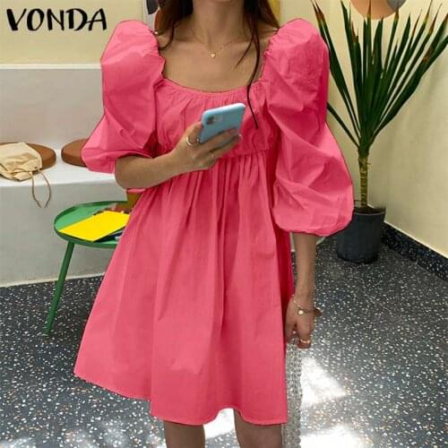 VONDA Mini Dress Women Sexy Half Puff Sleeve Casual Square Neck Solid Dresses Loose Beach Sundress Femme Vestidos