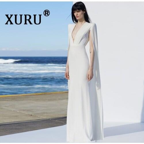 XURU new sexy womens cathedral dress long-sleeved V-neck summer dress Slim white dress