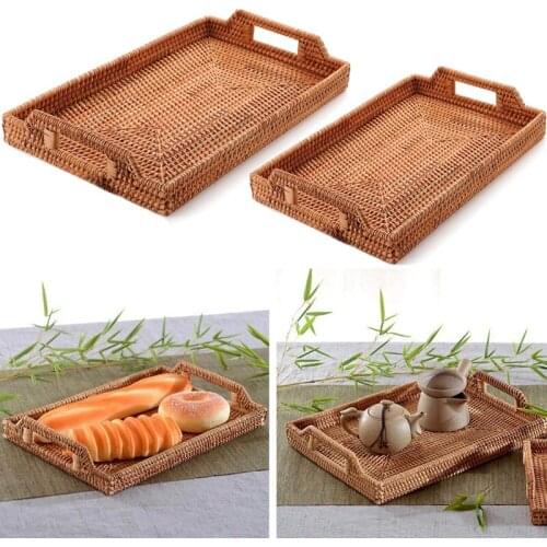 HOT Rattan Woven Serving Trays With Handle Handmade Woven Tray Snack Plate Rattan Woven Basket Fruit Snack Display Tray