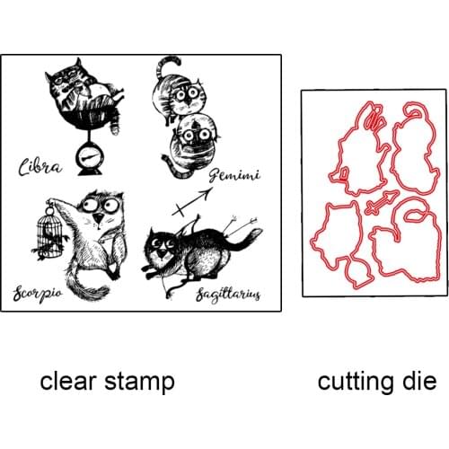 AZSG Constellation Cats Cutting Dies Clear Stamps For DIY Scrapbooking Decorative Card Making Crafts Fun Decoration Supplies