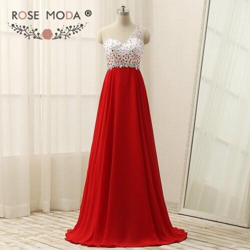 Rose Moda One Shoulder Red Prom Dress Floor Length Cut Out Back Crystal Prom Dresses Xmas Party Dress 2018