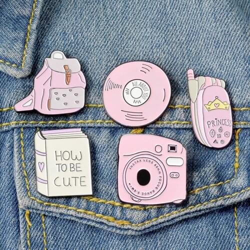 Pink Cartoon Enamel Pins Camera mobile phone Brooches How to be Cute Denim Jackets Shirts Lapel Pins Button Badges Gift