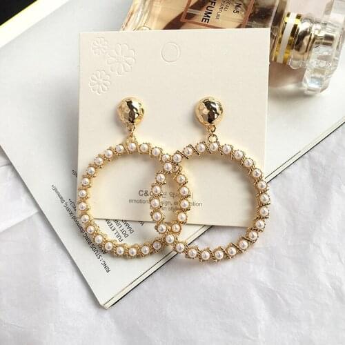 2020 New Row crystal pearl jewerly Large circles rice beads stud earrings for women