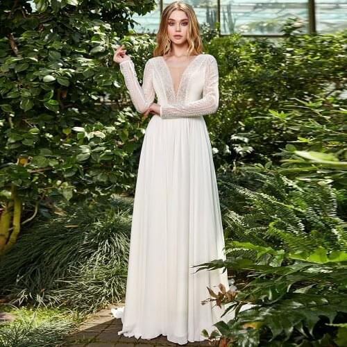 A-Line Chiffon V-Neck Wedding Dresses 2021 Long Sleeve Floor Length Sweep Train Backless Lace Bridal Gown With Pearls Belt