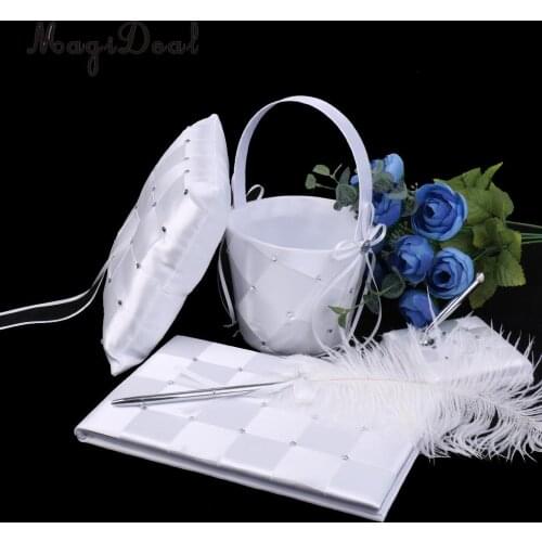 MagiDeal Wedding Set Guest Book and Pen Ring Bearer Pillow Flower Girl Basket Decor