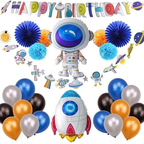 14pcs Space Birthday Party Decoration Astronaut Rocket Balloons Baby Shower Outer Solar Happy Birthday Banner Party Decor