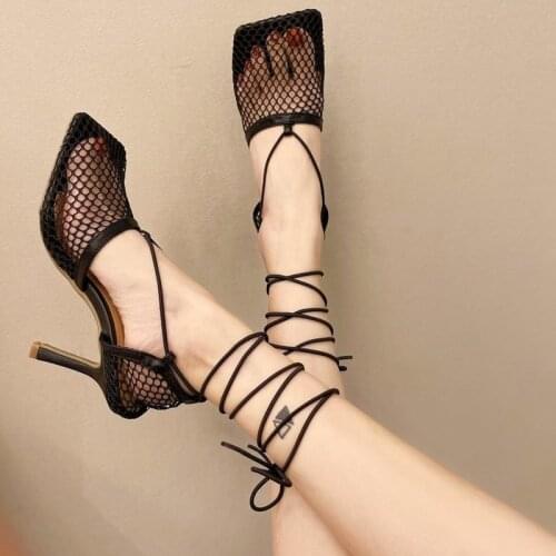 2021 New Sexy Yellow Mesh Pumps Sandals Female Square Toe high heel Lace Up Cross-tied Stiletto hollow Dress shoes