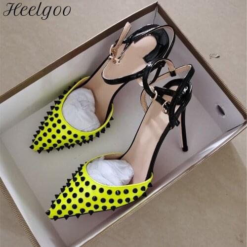 Heelgoo Lemon Green Women Sexy Spikes Pointy Toe Slingback High Heels Summer Ladies Chic Stiletto Pumps Party Shoes Size 33-45