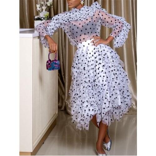 Female New Polka Dot Two Piece Set Organza Oversize Blouse Irregular Midi Skirt Sets Plus Size Womens 2021 Spring Summer Fashion