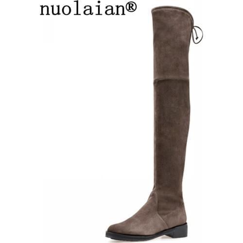 3CM Heels Black Women Boots Suede Leather Thigh High Over The Knee Boots Woman Motorcycle Boot Snow Winter Shoes Fur Dress Shoe