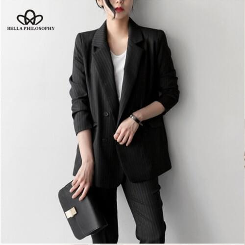 Bella philosophy 2019 autumn stripe double breasted blazer suit office lady elegant four colours pants suit two piece set