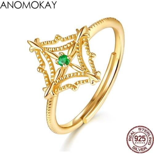 Anomokay Enthic Style Green CZ 925 Silver Rings Luxury Jewelry Gold Color Geometric Hollow Flower Rings Resizable for Women Gift