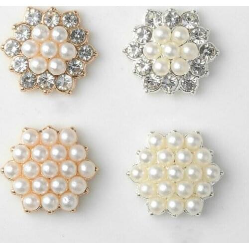 10Pcs/Lot Gold/Silver Hexagon Alloy Pearl Rhinestone Embellishment Ornament Buttons Hair Bow DIY Decoration Accessories
